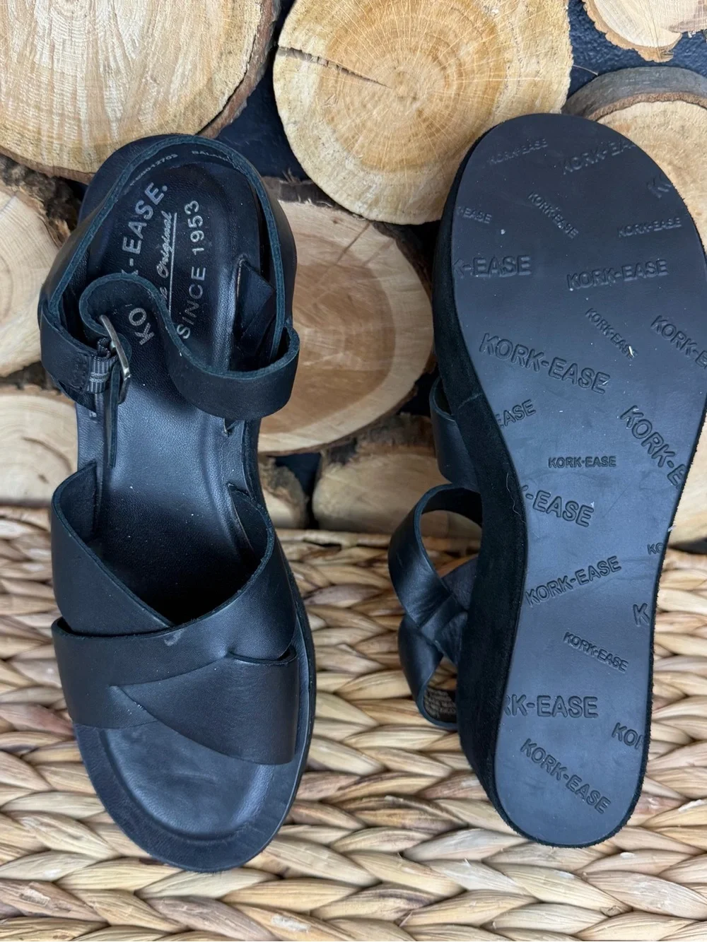 Kork-Ease Ava Classic Black Leather Platform Sandals with Cross-Strap